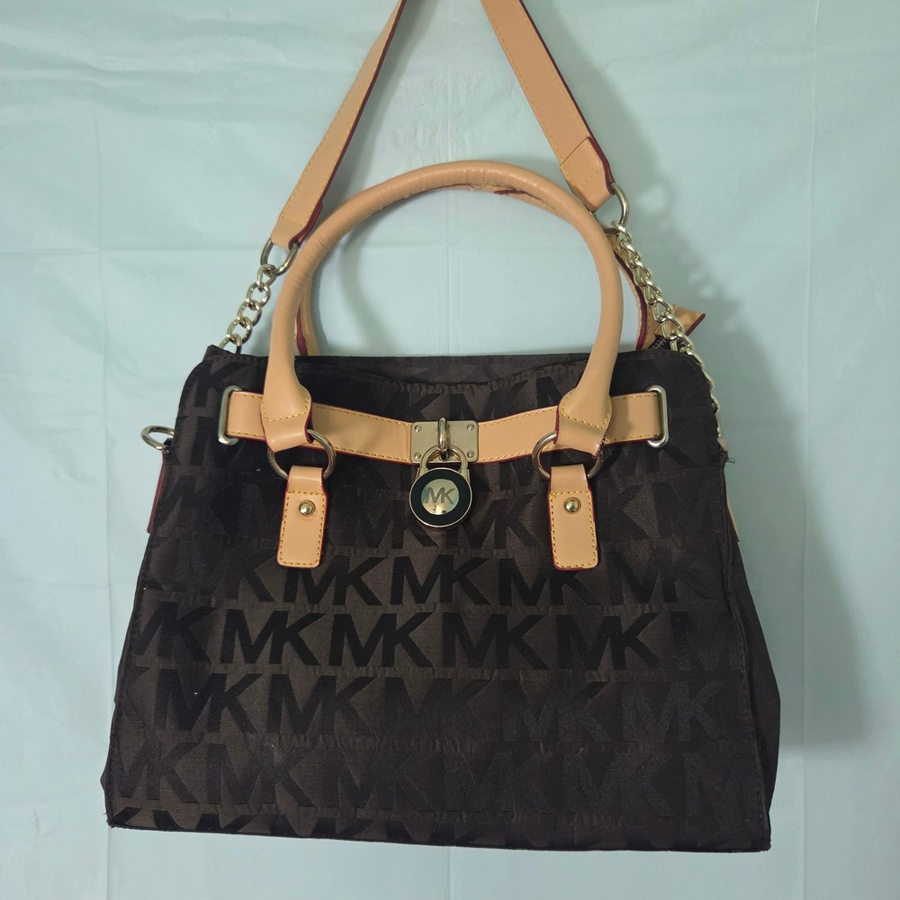 Michael Kors Brown Monogram Jacquard Satchel Handbag Gold Hardware Padlock Charm